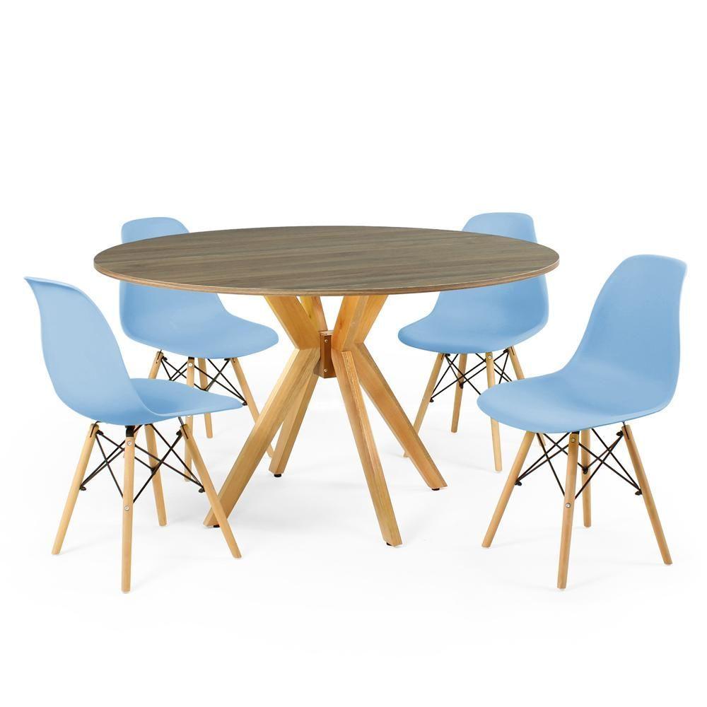 Miniatura Conjunto Mesa De Jantar Redonda Marci Natural 120cm Com 4 Cadeiras Eames Eiffel - Azul Claro