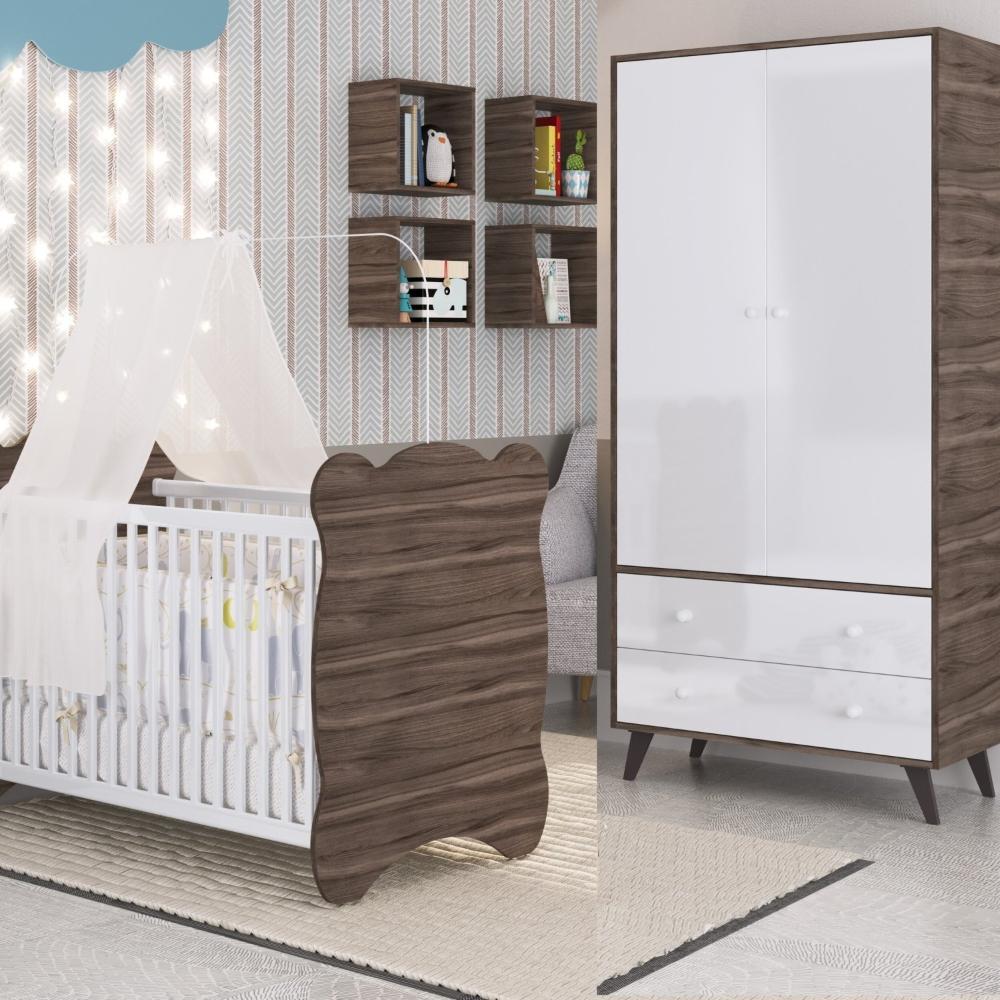 Miniatura Quarto de Bebê Completo Berço com Roupeiro 2 Portas 2 Gavetas Estrela Móveis Percasa Carvalho/Branco