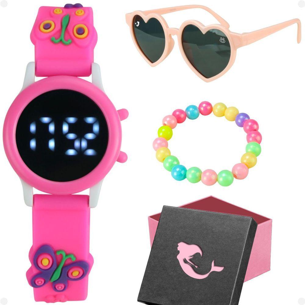 Miniatura Relogio Digital Infantil Menina Rosa + Oculos Sol + Pulseira Pulseira Ajustavel Criança Menina Caixa