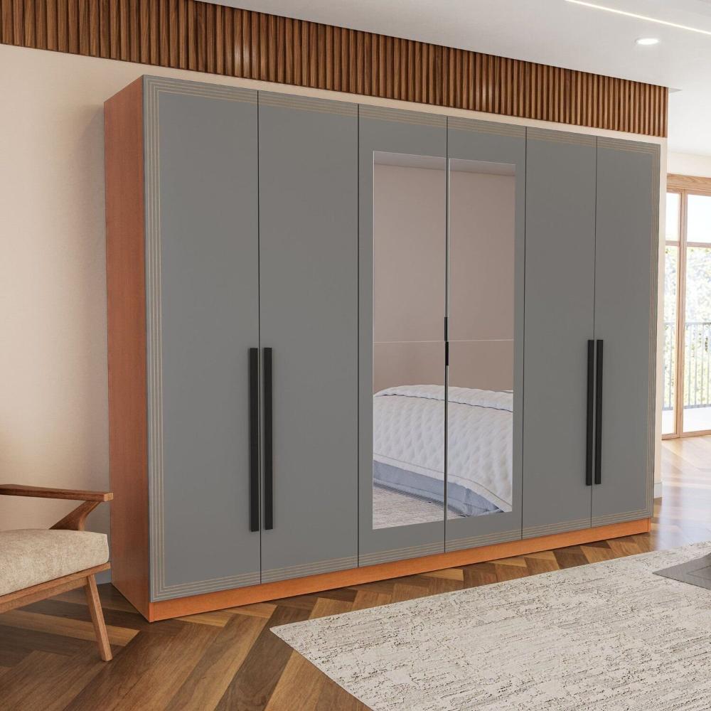 Miniatura Guarda Roupa 6 Portas e 4 Gavetas com Espelho Valência Freijó/Cinza