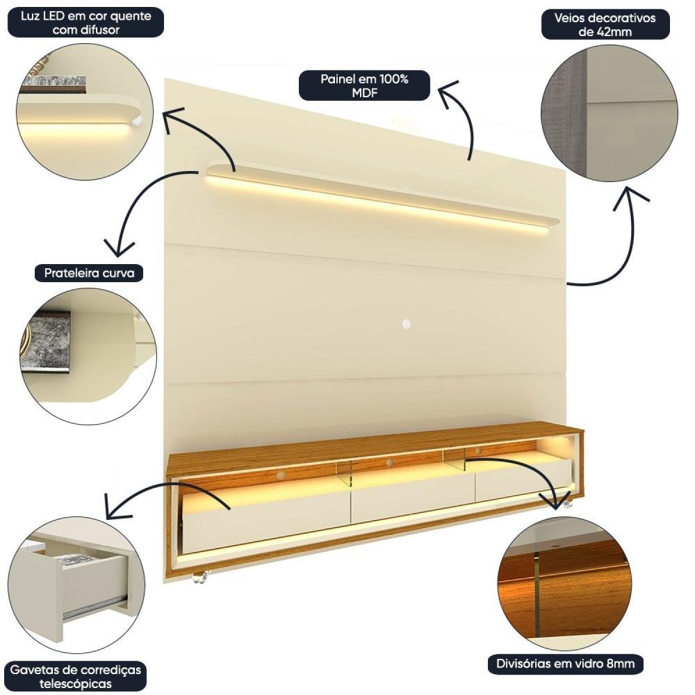 Miniatura Rack com Painel para Tv até 85 Polegadas Led 3 Gavetas com Rodízios 220cm Royal/requinte Off White/Naturale-Off White