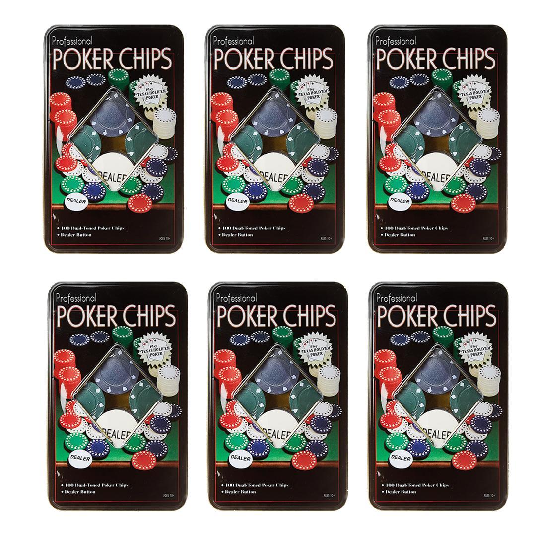 Miniatura Kit 6 Latas Poker Chips Com 100 Fichas + 1 Ficha Dealer Cada