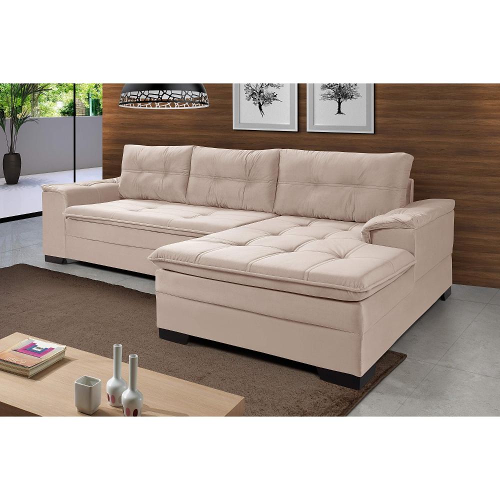 Miniatura Sofá 3 Lugares com Chaise Suede Aveludado Império Estofados Areia
