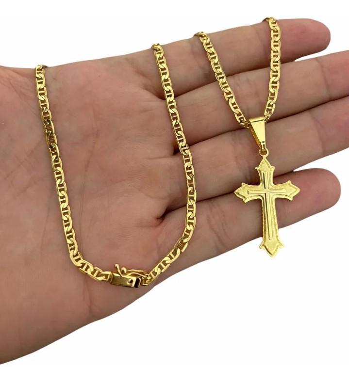 Miniatura Cordão Piastrine 3Mm + Pingente Cruz Banhado A Ouro 18K Luxo