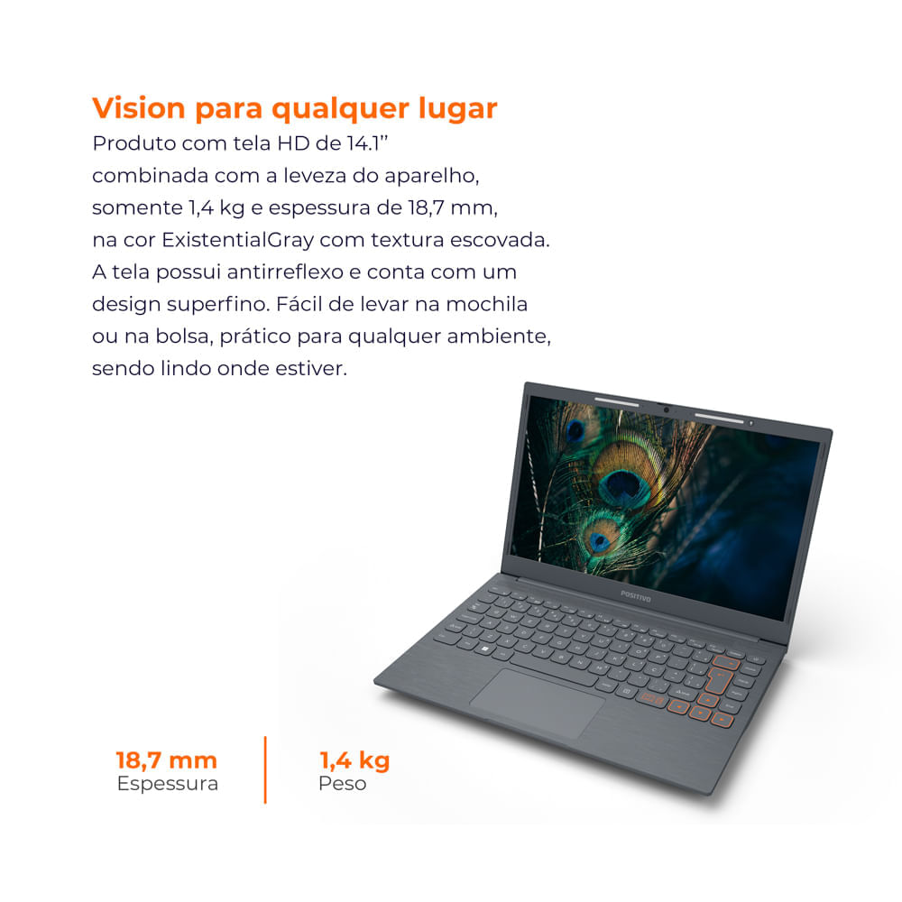 Notebook Positivo Vision C14 Lumina BAR Intel® Celeron® N4500 Windows 11 Home 8GB RAM 128GB eMMC 14” HD Tecla Link Cinza