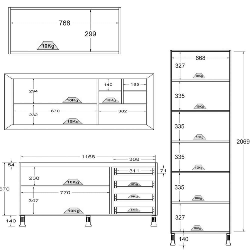 Miniatura Armario Cozinha Completo Ditália Aspen 4 Pçs Carvalho/br A48