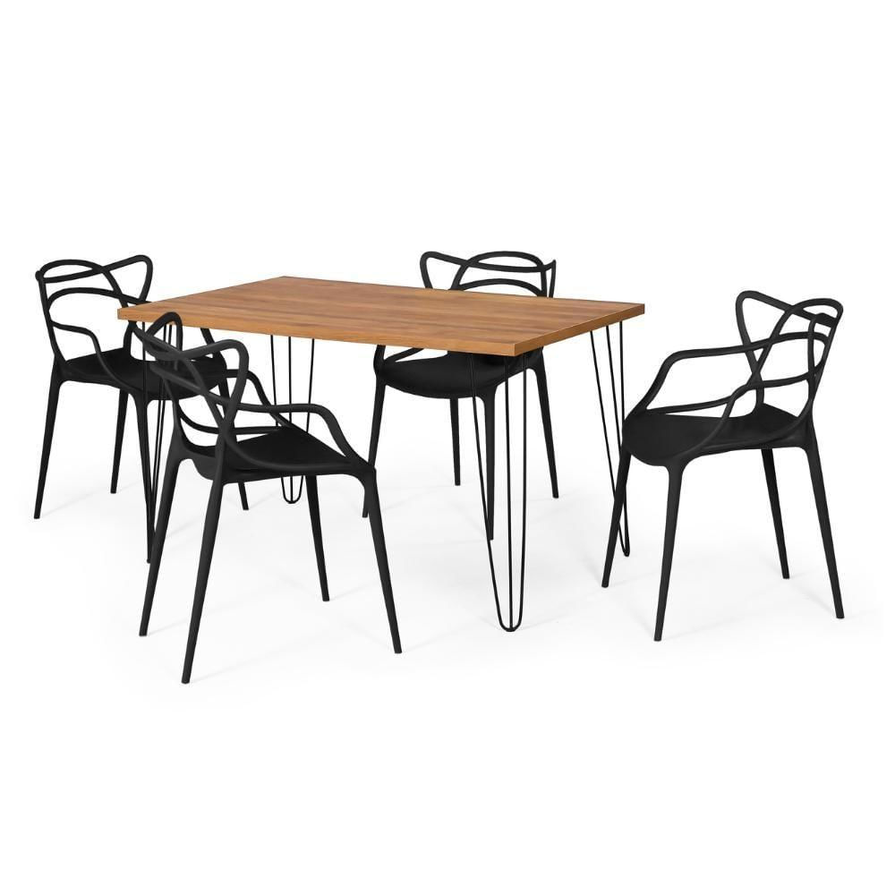 Miniatura Conjunto Mesa De Jantar Retangular Hairpin Natural 130x80cm Com 4 Cadeiras Allegra - Preto
