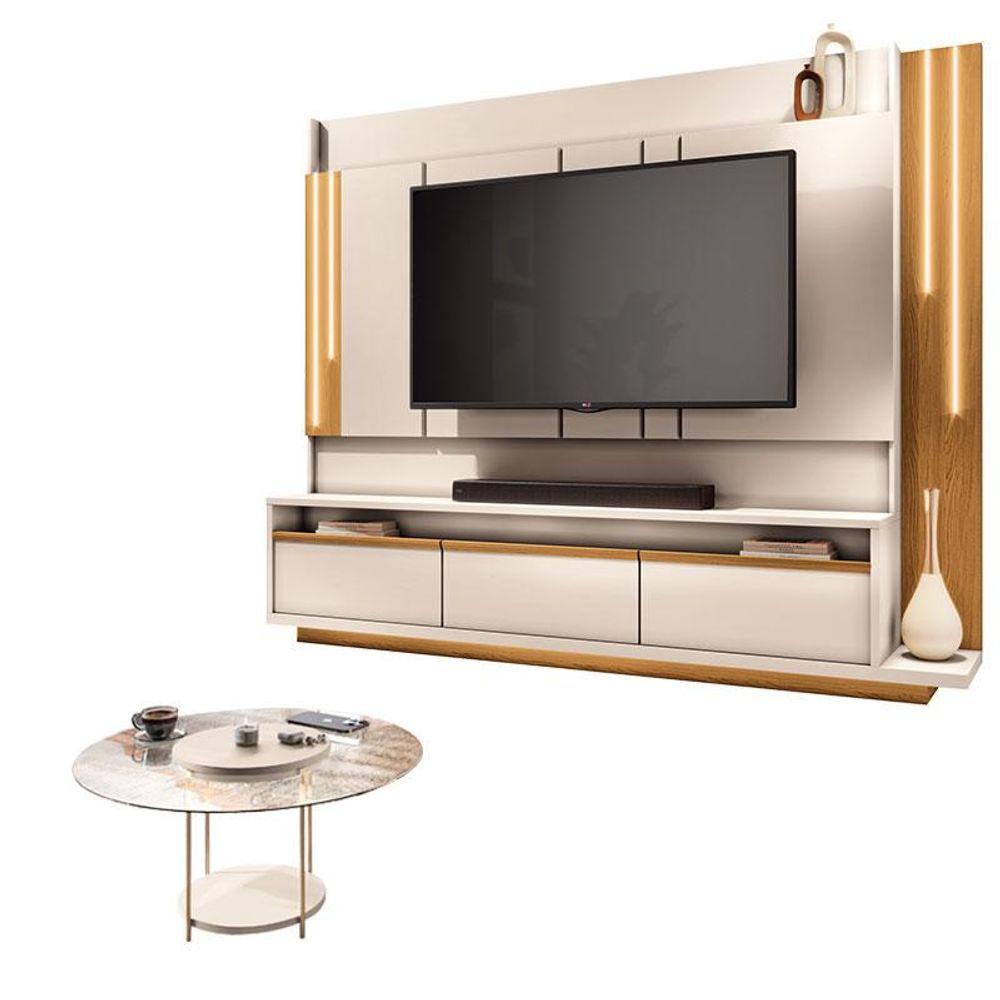 Miniatura Estante Home Theater Montane Off White Cinamomo E Mesa De Centro Sky Com Tampo De Vidro Off White - Hb Móveis