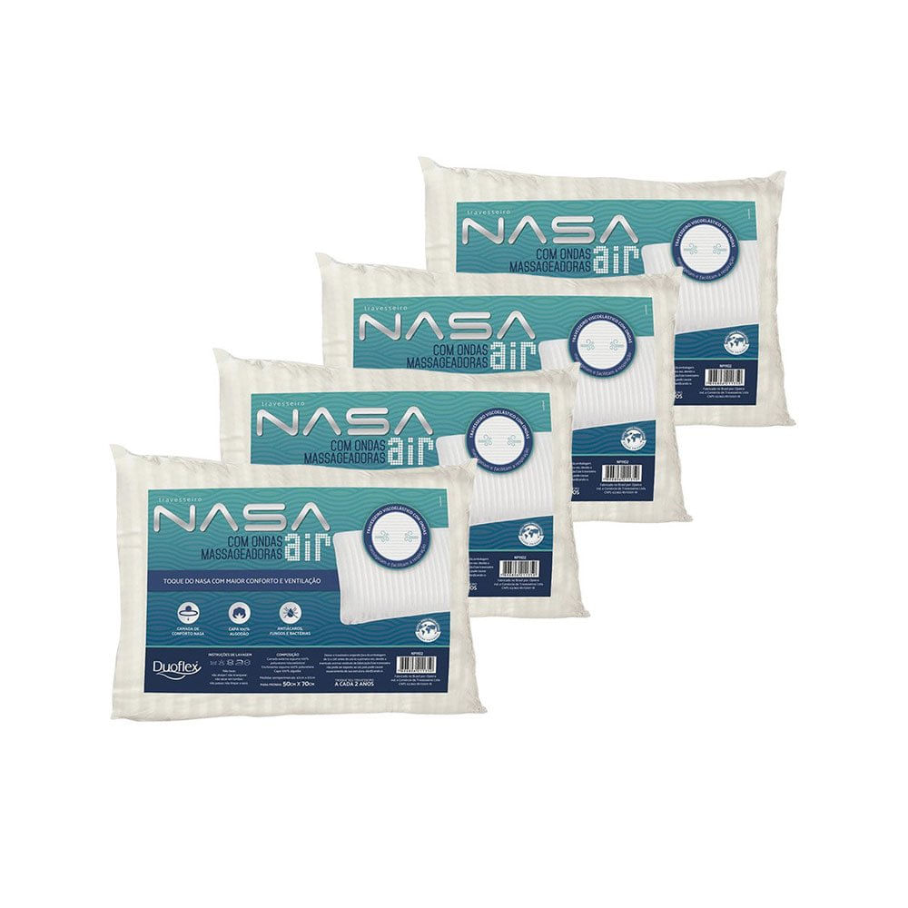 Miniatura Kit 4 Travesseiros Nasa Air Viscoelástico com Ondas Massageadoras Duoflex Bege