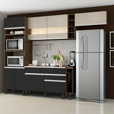 Miniatura Cozinha Completa Madesa Safira com Armário e Balcão (Sem Tampo,Pia e Rodapé) Rustic/Preto/Crema Cor:Rustic/Preto/Crema