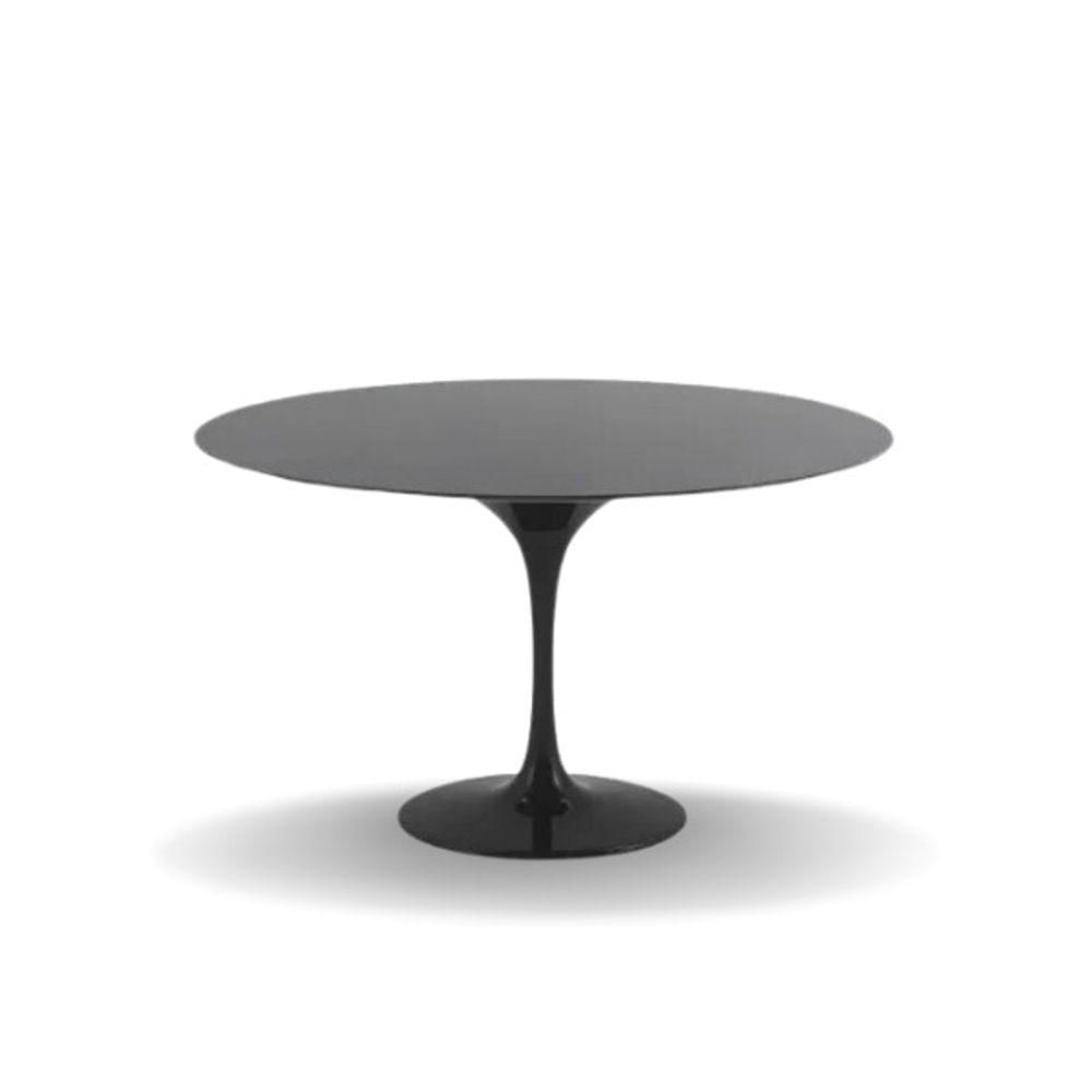 Miniatura Conjunto Mesa De Jantar Saarinen 100 Cm Laca Preta Com 4 Cadeiras Londres Revestida Em Tecido Linho E Courino Cor Preto