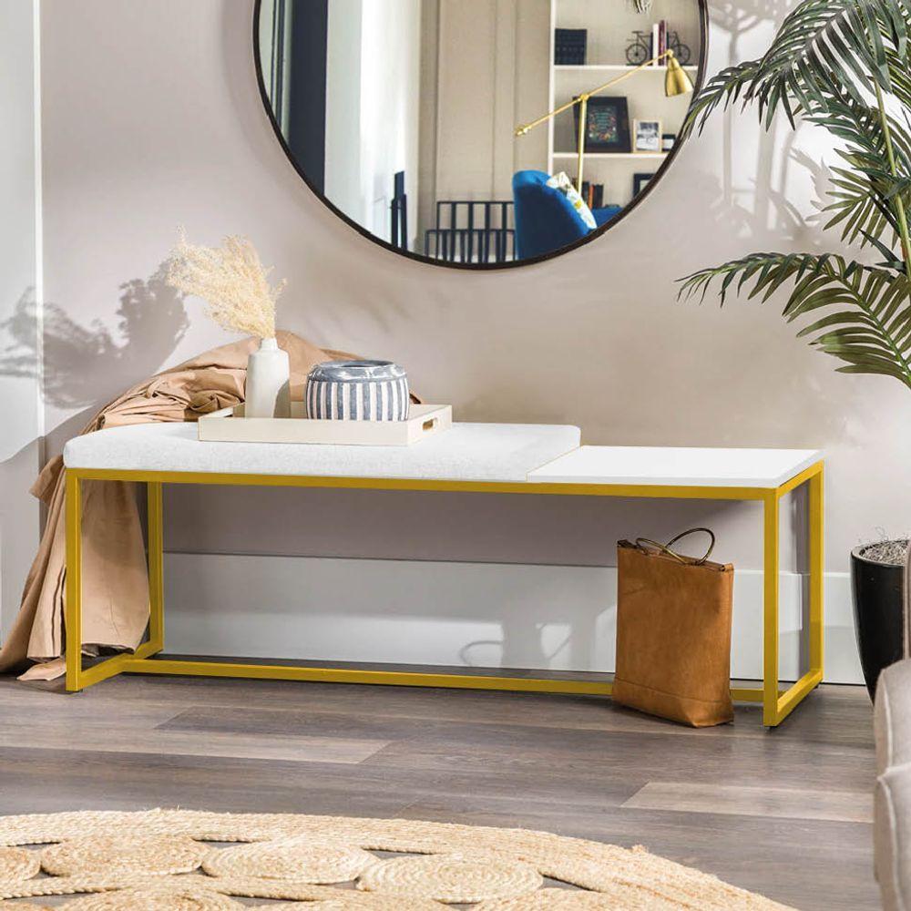 Miniatura Banco Recamier Puff 160cm Industrial Dourado Sintético Branco Tampo Quadrado Mdf Branco
