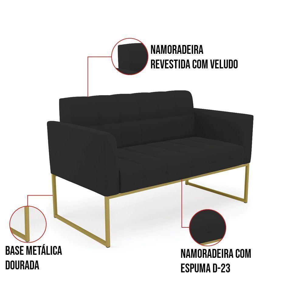 Miniatura Kit 1 Sofá Namoradeira E 2 Poltronas Elisa Veludo Preto Base Metálica Industrial Dourado - D'rossi