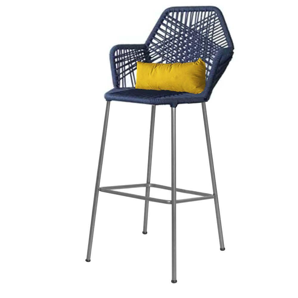 Miniatura Banqueta Alta Com Encosto Sttar Ferro Prata Fibra Azul Marinho Almofada Amarelo