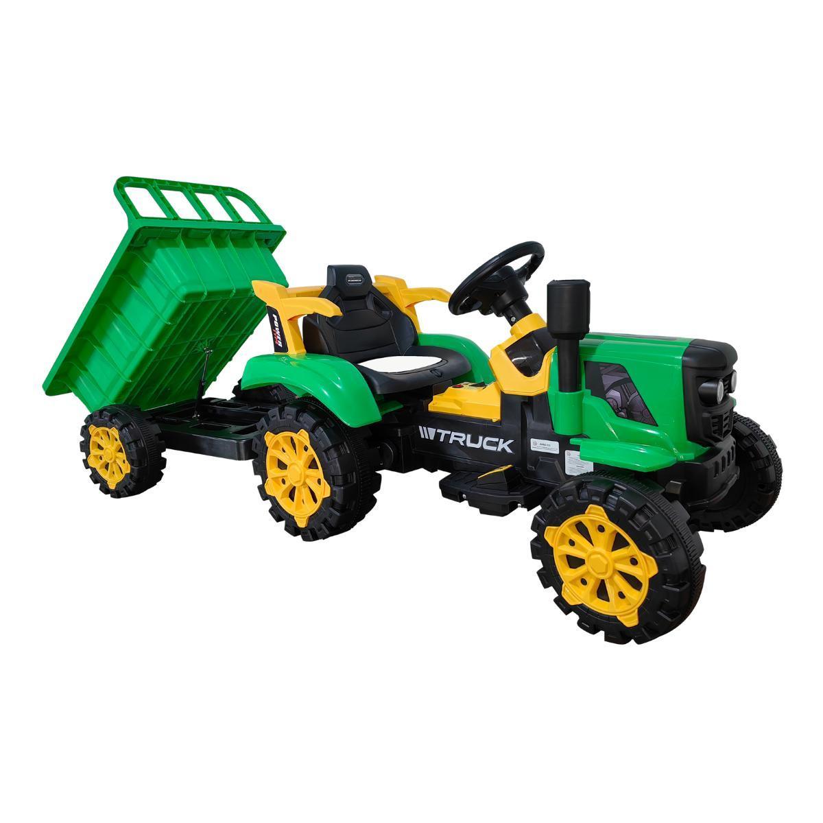 Miniatura Trator Elétrico Infantil 12V Verde Caçamba Música Mp3 Pedal
