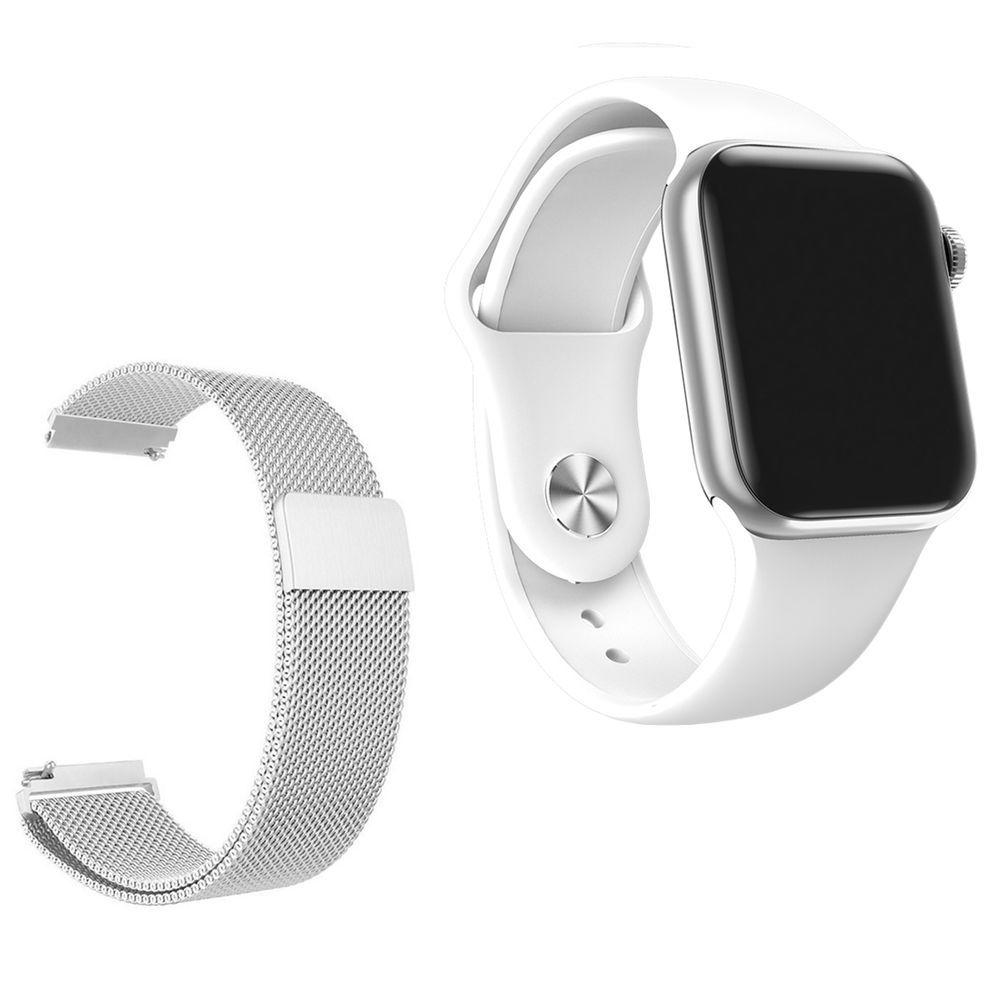 Miniatura Relógio Smartwatch Iwo 7 Watch 5 Branco Android Ios + 1 Pulseira Extra De Aço Prata
