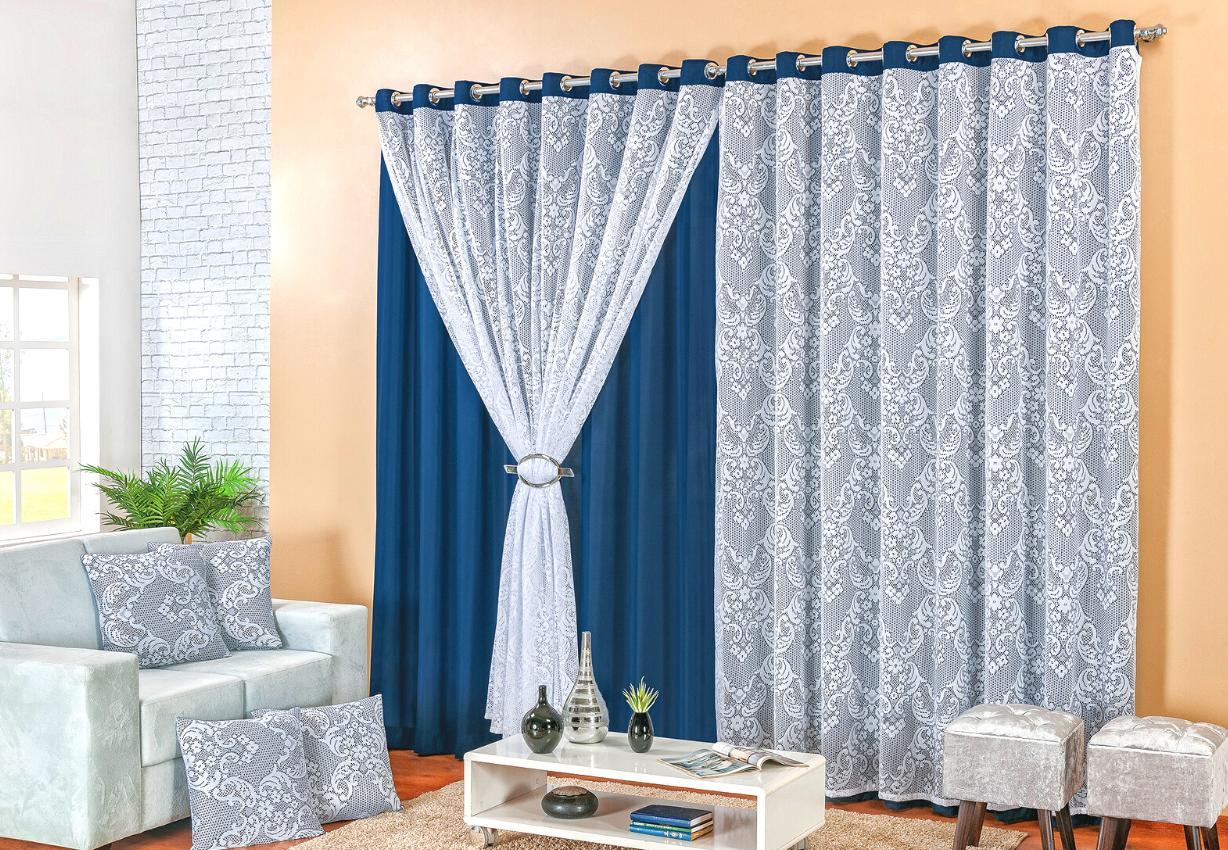 Curtina Renda 3M + 4 Capas Almofadas E Presilhas Cor Azul