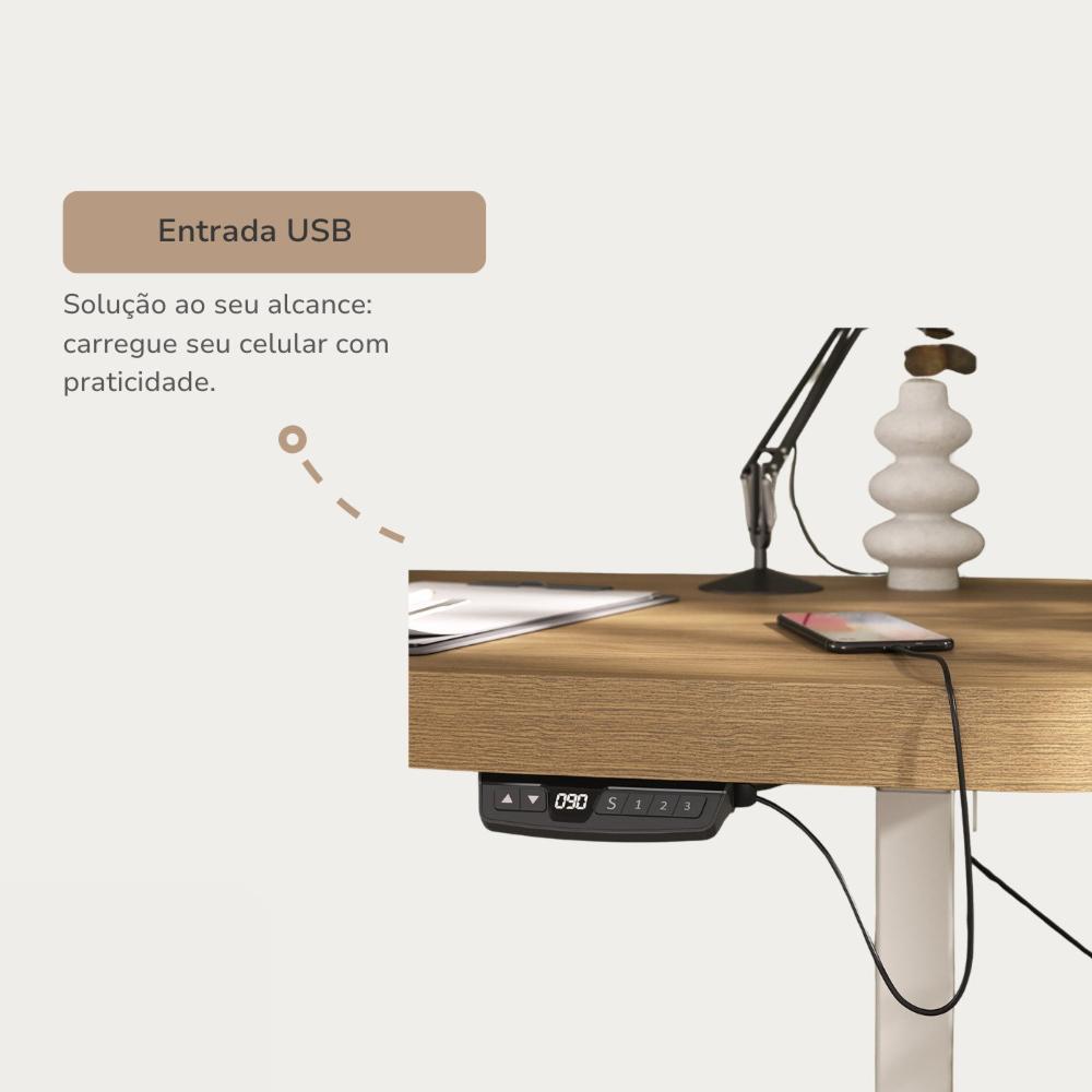 Miniatura Mesa para Escritório com Regulagem de Altura Entrada Usb Ergonômica em Tamburato Olmo