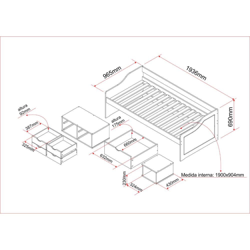Cama Solteiro 5 Gavetas e Nicho Madeira Maciça Floro Inter Link Branco Lavado