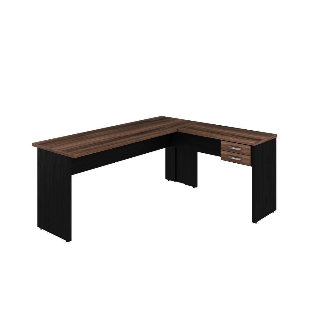Mesa Para Escritório Em L 1,80x1,60m Tampo E Pés 30mm Com Gaveta Nogal Compreto Ônix