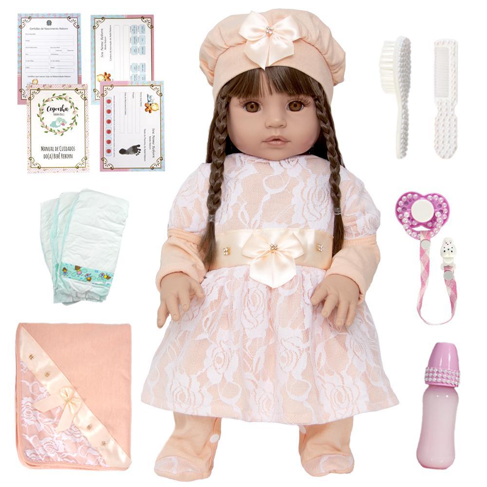 Miniatura Boneca Bebê Reborn 100% Silicone Cabelos Castanhos 13 Itens