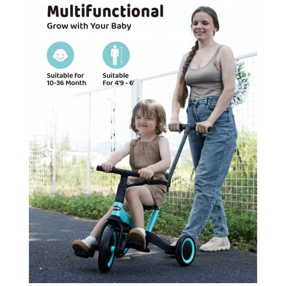 Miniatura Triciclo Infantil 5 em 1 com Alça para os Pais, Protetor de Segurança e Cinto de Segurança, Newyoo TR008, Azul Claro