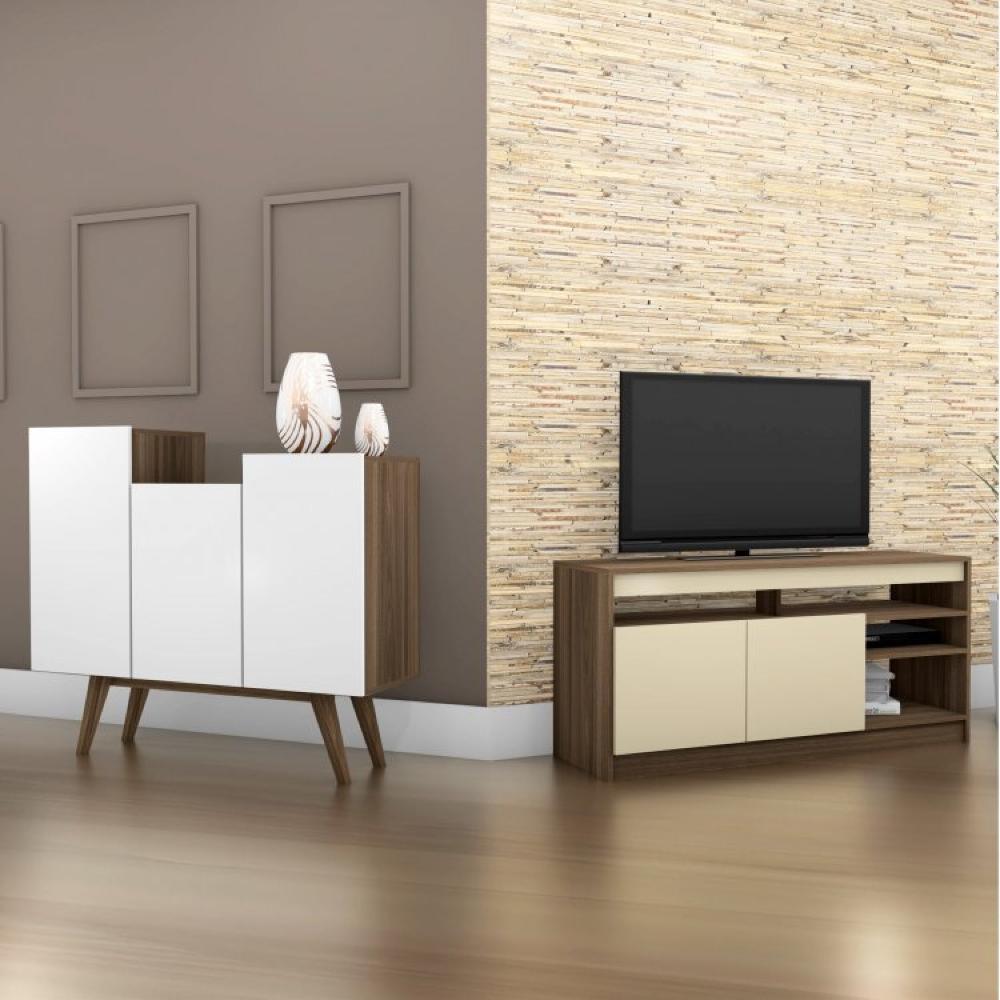 Miniatura Conjunto Rack para TV até 48 Polegadas 2 Portas e Buffet 3 Portas Elegance Estilare Branco Madeirado/Off White