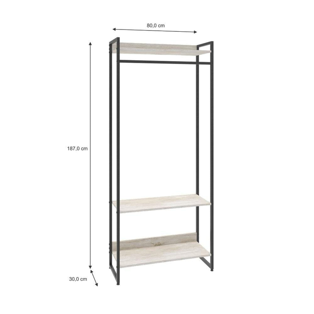 Miniatura Estante Closet Arara Industrial 3 Prateleiras 187x80cm Dynamica Yescasa Snow / Preto
