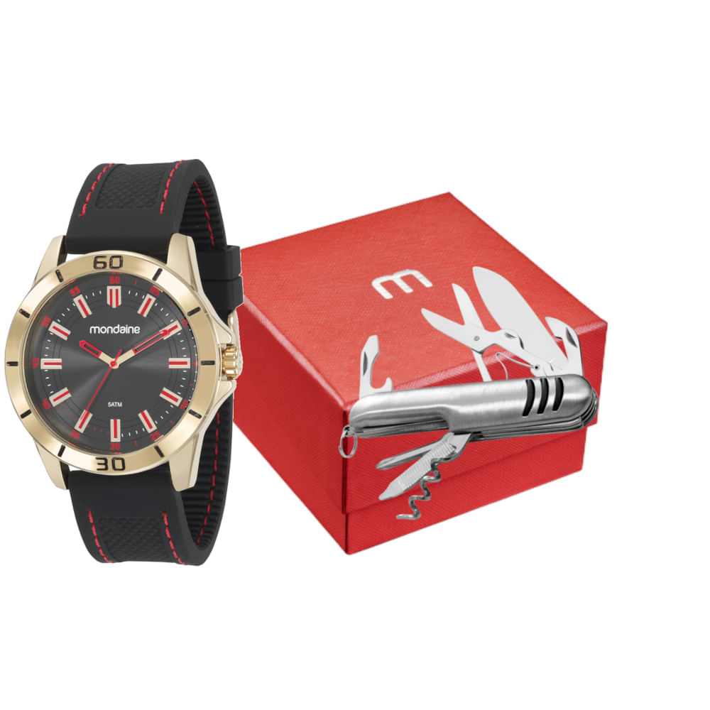 Miniatura Kit Relógio Masculino Dourado Com Canivete Multifuncional