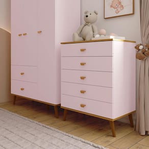 Miniatura Guarda-Roupa Bartira Ternura com 3 Portas, 2 Gavetas + Cômoda Ternura com 5 Gavetas + Berço Mini Cama Móveis Estrela Ternura - Rosa Wood Rosa Wood