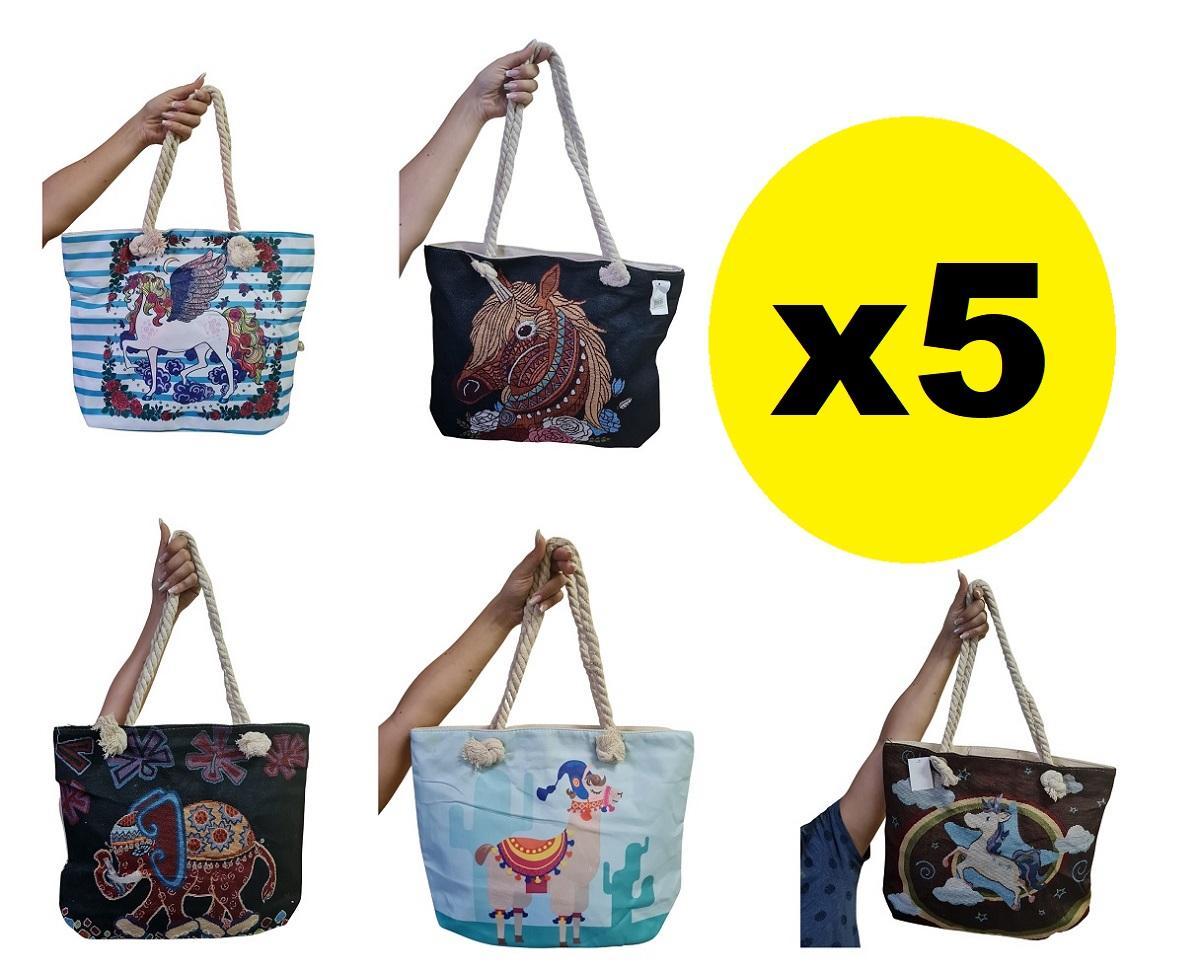 Miniatura Kit 5 Bolsas Feminina Lona Alça De Cordas Estampa Sortida