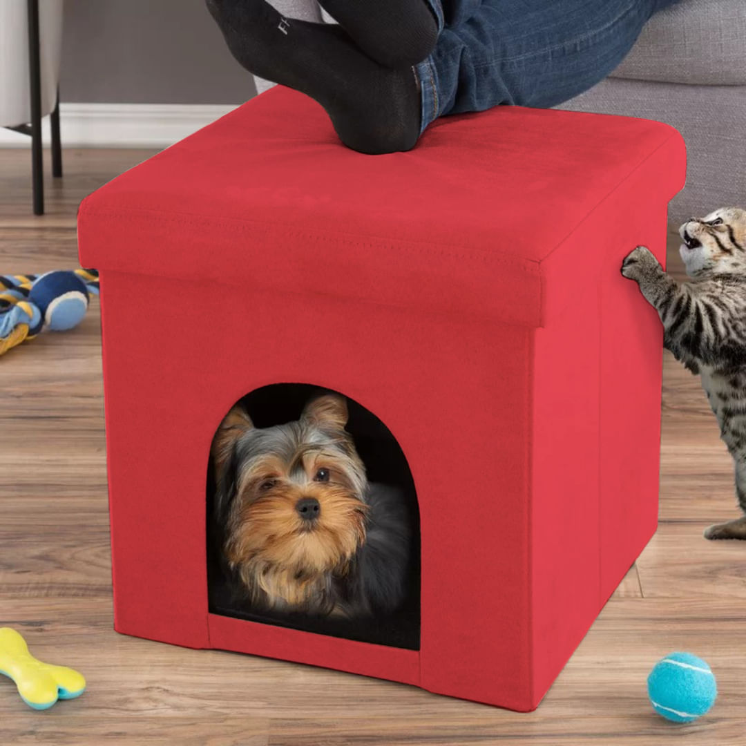 Miniatura Puff Pet Puff Baú Casinha Pet Dobrável em Suede Vermelho