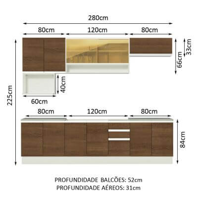 Cozinha Completa Madesa Genova com Armário e Balcão (Sem Tampo e Pia) Branco/Rustic Cor:Branco/Rustic
