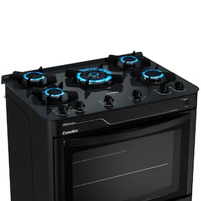 Miniatura Fogão Esmaltec 5 Bocas Pérola Glass 5115 Preto com Mesa de Vidro Temperado - Bivolt