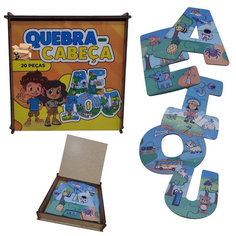 Miniatura Quebra Cabeça Madeira Estojo Infantil Aprendendo Vogal Aeiou