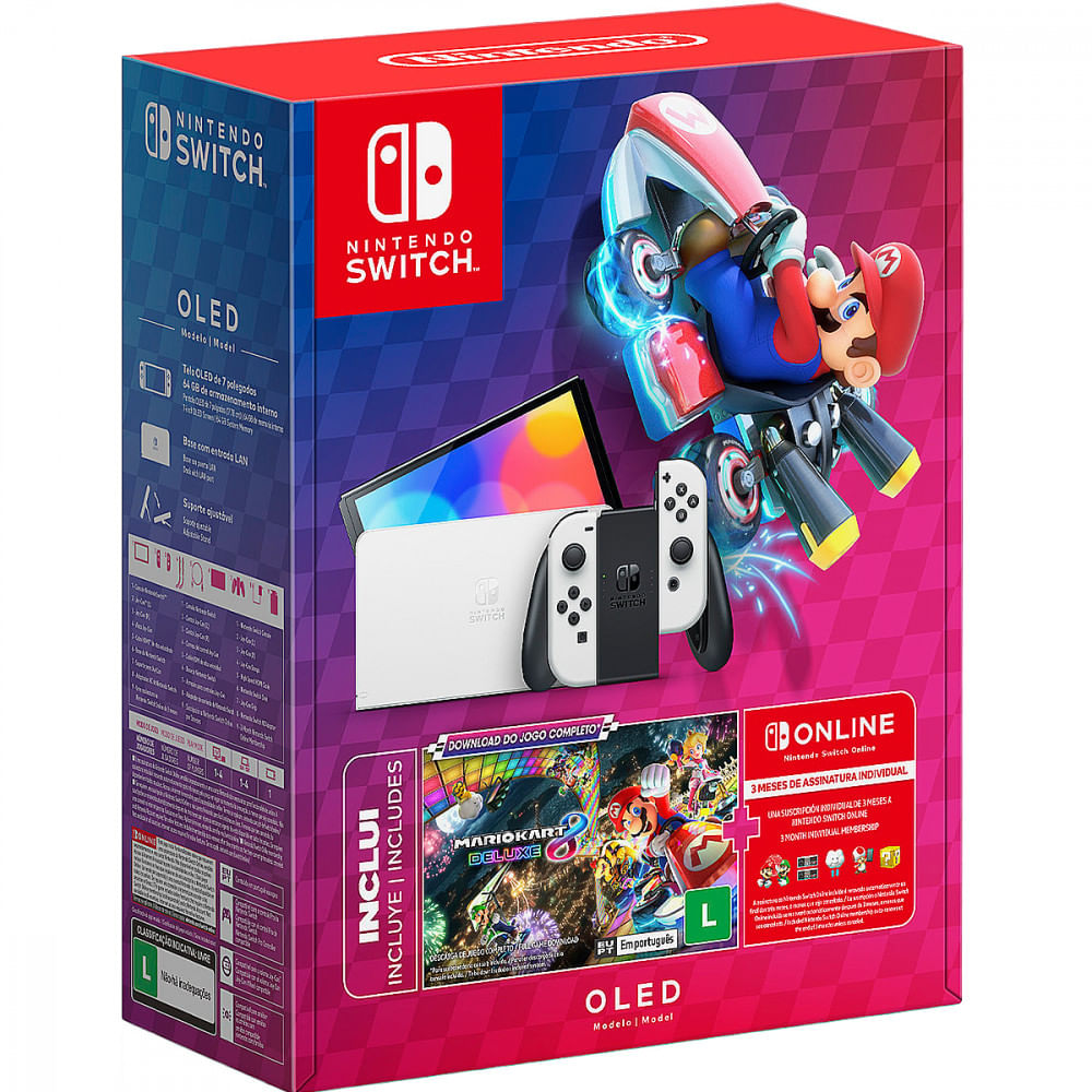 Miniatura Console Nintendo Switch Oled 64GB + Mario Kart Deluxe 8 Branco 058112204083 - Branco - 12 Meses - Corrida - Arcade - Switch Oled - OLED - 0!x!Switch Oled 64GB 1X Joy-C. - Console Nintendo Switch Oled . - 100/240 (Bivolt)