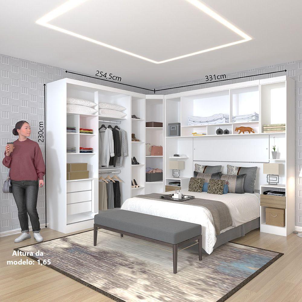 Miniatura Quarto De Canto Casal Com Guarda Roupas Cabeceira E Mesas De Cabeceira Alpes Luciane Móveis Branco Pf Com Avelã Pf