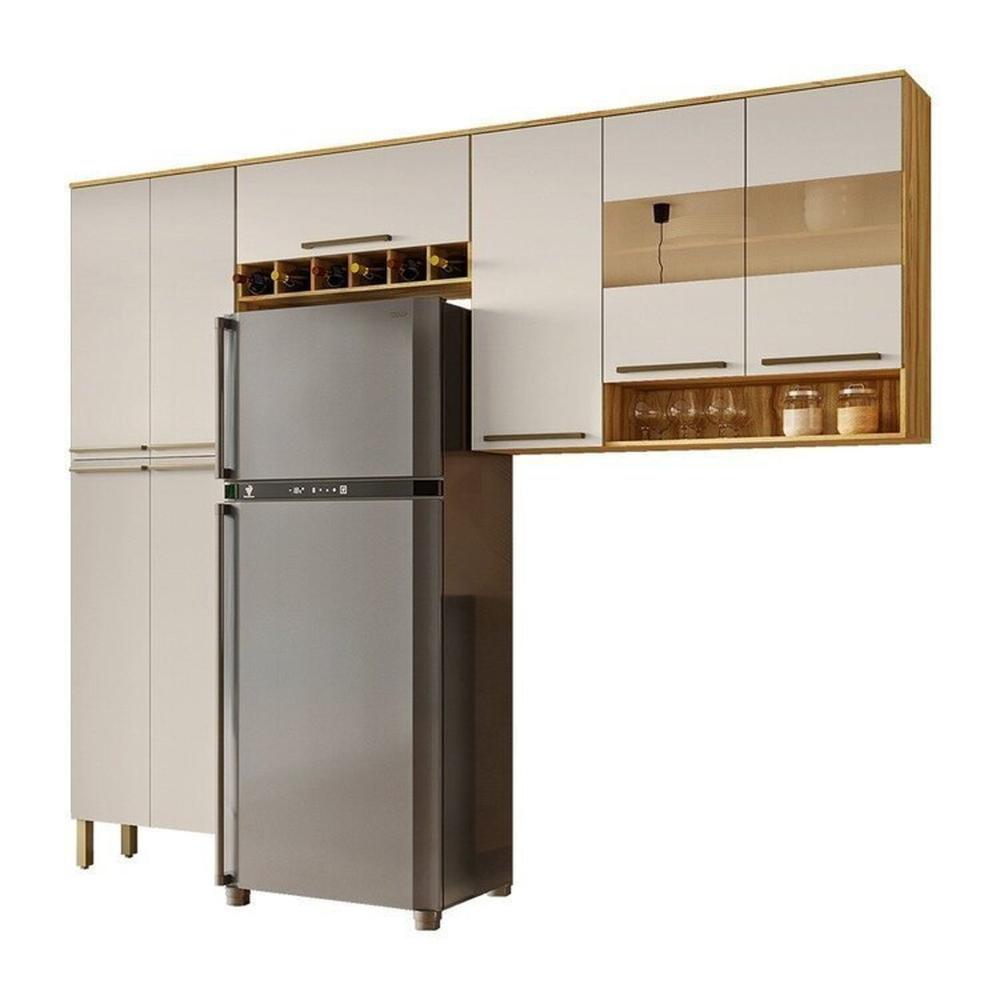 Miniatura Cozinha Compacta Modulada 3 Peças 8 Portas com Vidro Itália Espresso Móveis Amêndoa/Off White