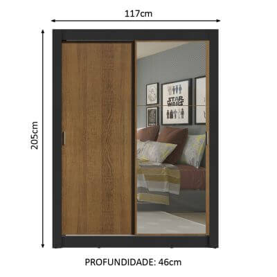 Miniatura Guarda-Roupa Solteiro Madesa Denver 2 Portas de Correr com Espelho Preto/Rustic Cor:Preto/Rustic