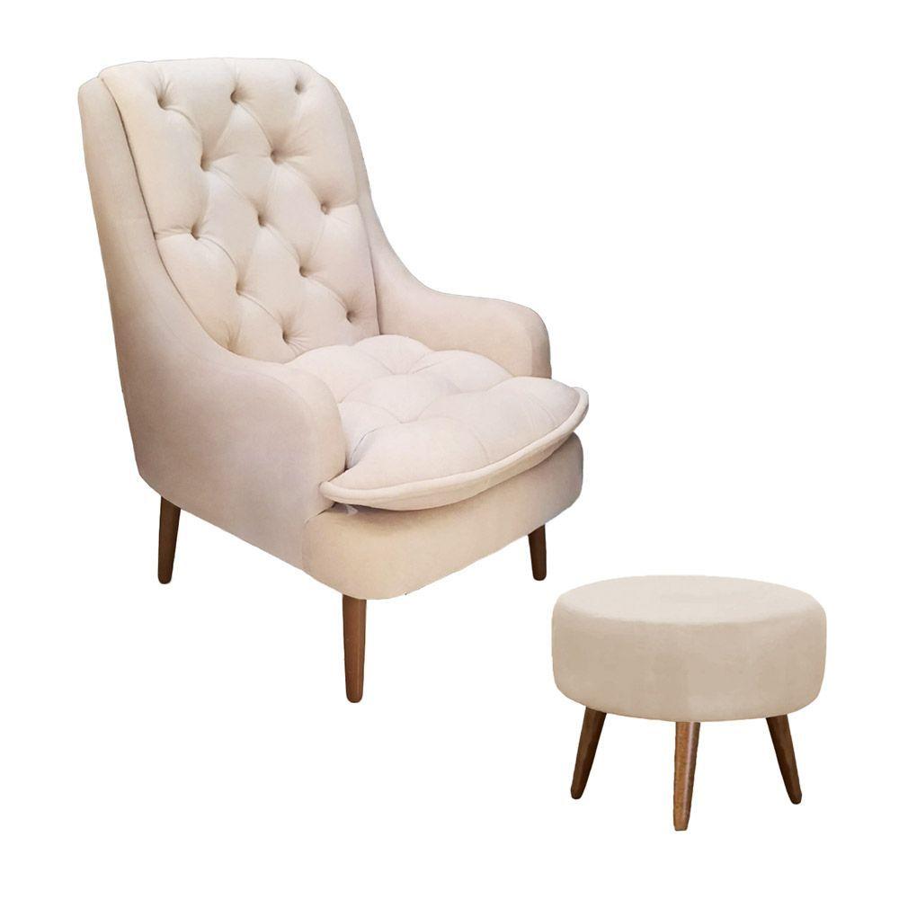 Miniatura Conjunto Poltrona E Puff Decorativo Sala De Estar Pés Palito Lesli Suede Bege - Majú Decor