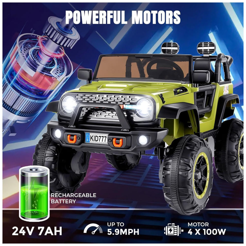 Carro Elétrico Infantil, Jeep 4x4 com Controle Remoto, 2 Lugares, Música via Bluetooth e Luzes LED, 24V, Hikole, Verde 110v