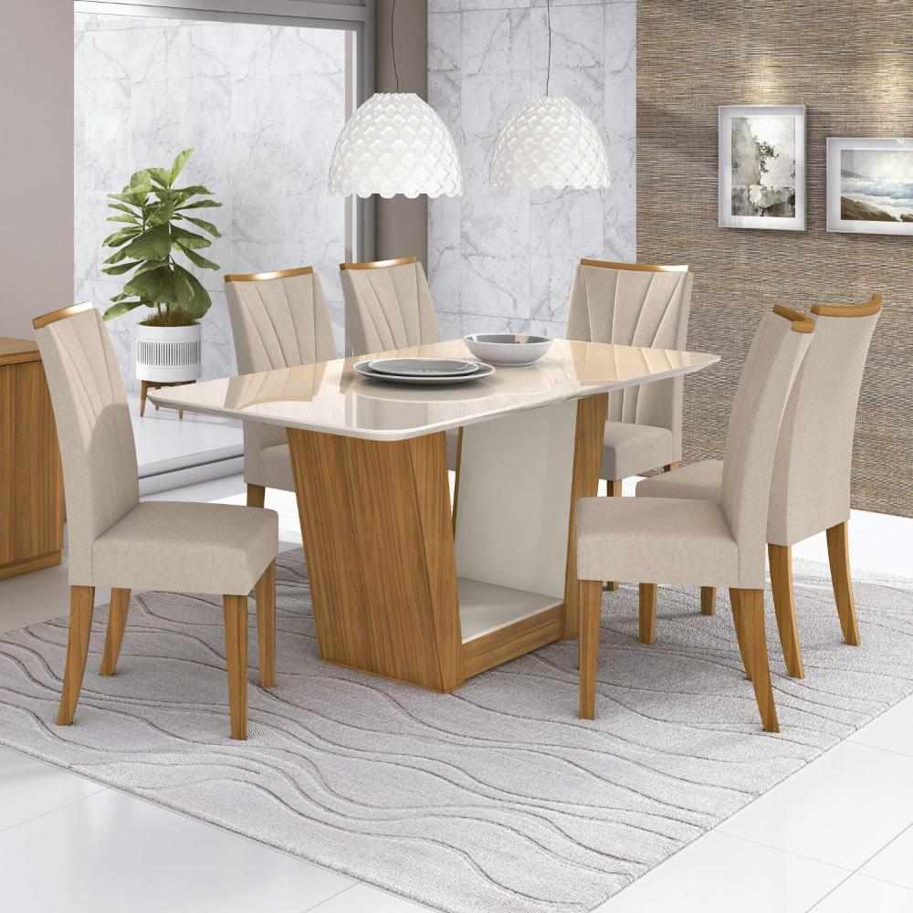 Miniatura Conjunto Sala de Jantar Mesa com Tampo de Vidro 170cm e 6 Cadeiras Apogeu Móveis Lopas Rovere Naturale/Off White/Linho Rinzai Bege
