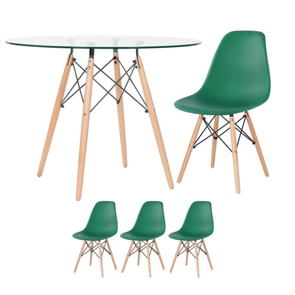 Miniatura Mesa Redonda Eames Com Tampo De Vidro 100 Cm + 3 Cadeiras Eiffel Dsw Verde Escuro