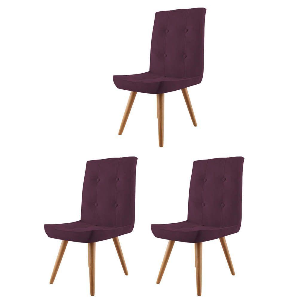 Miniatura Conjunto 03 Cadeira De Jantar Drop Com Botão Base Pé Palito Castanho Suede Roxo