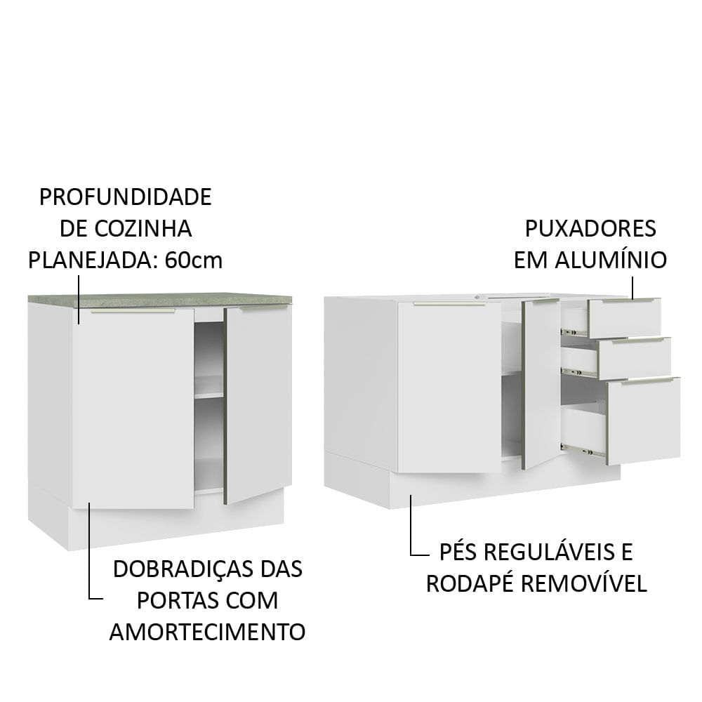 Miniatura Kit com 2 Balcões de Cozinha Madesa Lux 4 Portas 3 Gavetas (Sem Tampo e Pia) Branco/Branco Veludo Cor:Branco/Branco Veludo