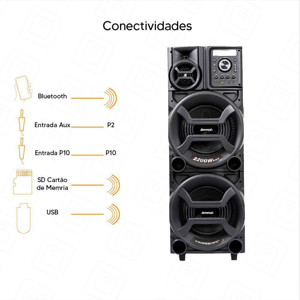 Miniatura Caixa De Som Amvox Pesadão II 2200W Led Bluetooth USB SD Bivolt Preto ACA 2201 117422012749 - Eletricidade - BT/ USB / SD /AUX / 2xP10 - Preto - 12 meses - 2200W - Bivolt