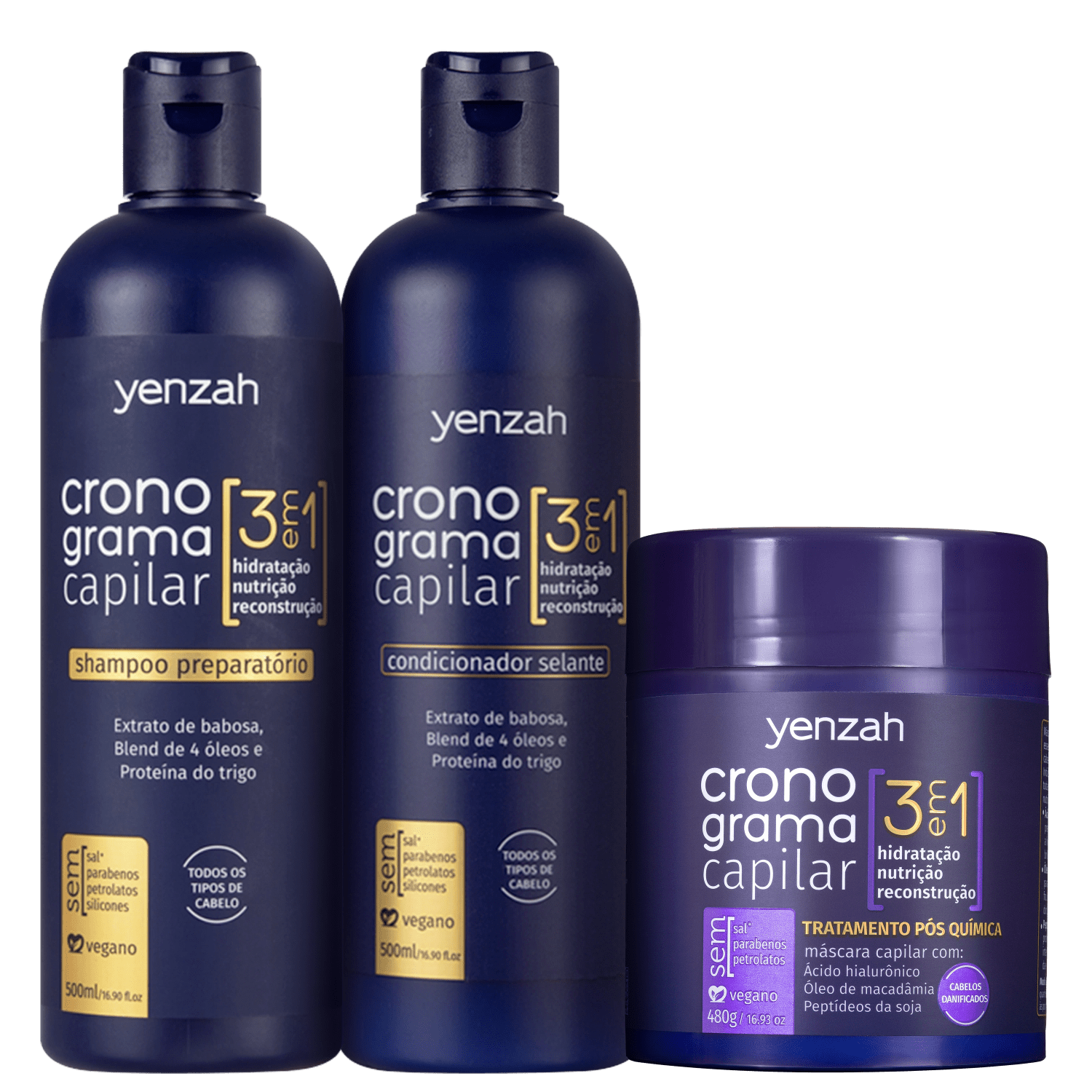 Miniatura Kit Yenzah Cronograma Capilar 3 em 1 Pós-Química Trio (3 Produtos)
