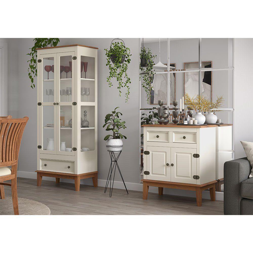 Balcão De Madeira Maciça 2 Portas E 2 Gavetas - Madeira Maciça E Mdf - Off White Off White