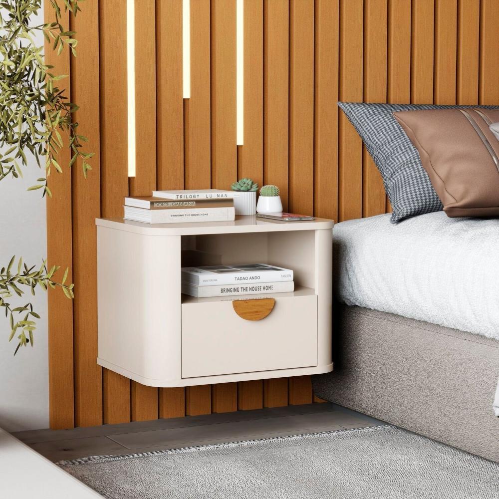 Miniatura Mesa de Cabeceira Suspensa Buriti Curva com Puxador em Madeira Maciça OFFWHITE