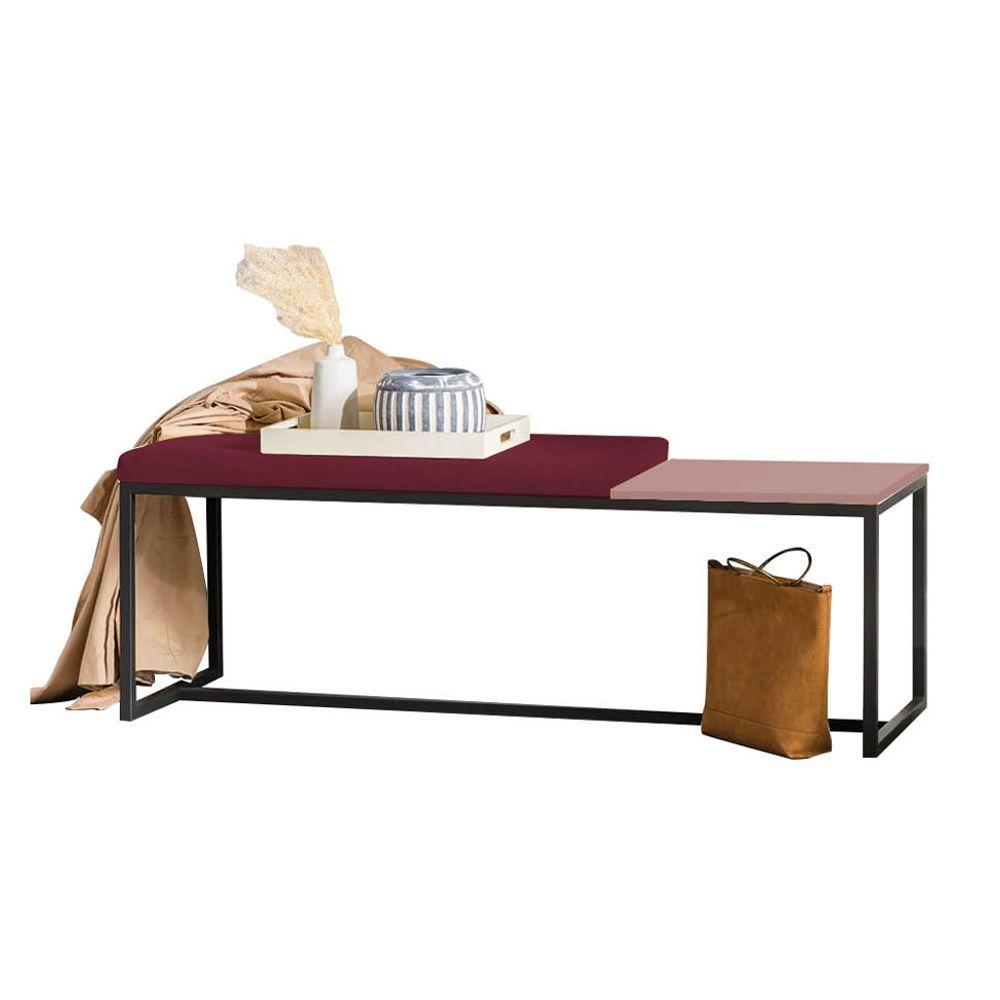 Miniatura Banco Recamier Puff London 140cm Industrial Preto Suede Bordô Tampo Quadrado Rose